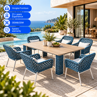 Ensemble de salle à manger d'extérieur 7 pièces, 6 chaises en corde bleue tressée, table rectangulaire pour hôtel, complexe hôtelier, villa, patio
