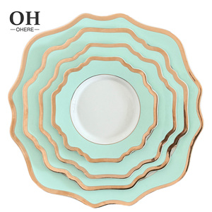 <span class=keywords><strong>Service</strong></span> de <span class=keywords><strong>table</strong></span> en <span class=keywords><strong>porcelaine</strong></span> vert menthe motif tournesol, décor pour événements de mariage, assiette de présentation à bord doré, vaisselle et assiettes en céramique vertes - Product Image 1