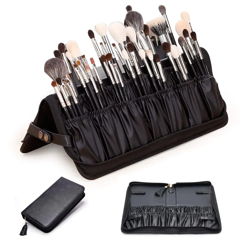 Custom women lady Travel Foldable Brush Artist Case Makeup Brush Holder Organizer makeup bag leather cosmetic bag