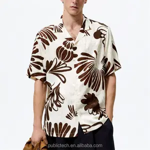Camisa de mangas curtas personalizada, camisa elegante de estampa tropical 100% poliéster, com mangas curtas