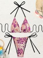 Ensemble de bikini triangle à imprimé tribal polynésien personnalisé, couleur turquoise ombré, avec liens sur les côtés, maillot de bain deux pièces pour femmes