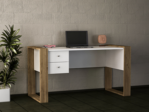 Bureau d'ordinateur de bureau en bois blanc de luxe exclusif de 160 cm avec 2 tiroirs en aggloméré Lord Turkey, montage facile, best-seller - Product Image 2