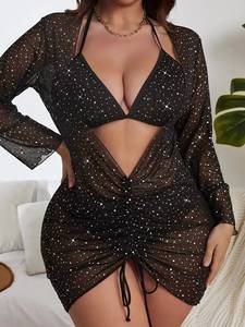 맞춤형 스파클링 플러스 사이즈 솔리드 스타 프린트 3 종 세트 비키니 비치웨어 하이 웨이스트 수영복 뚱뚱한 여성용 수영복 - Product Image 2