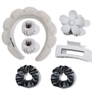 طقم من 7 قطع من ربطة شعر إسفنجية منتفخة وملتوية لغسل الوجه مع أساور معصم، عصابة رأس للمكياج غير قابلة للانزلاق، إكسسوارات شعر للنساء والفتيات - Product Image 5