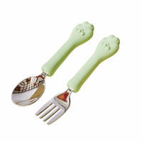 Ensemble de couverts pour enfants, design patte de chat, fourchette et cuillère en silicone et acier inoxydable, sans BPA, poignée antidérapante, lavable, pour les tout-petits