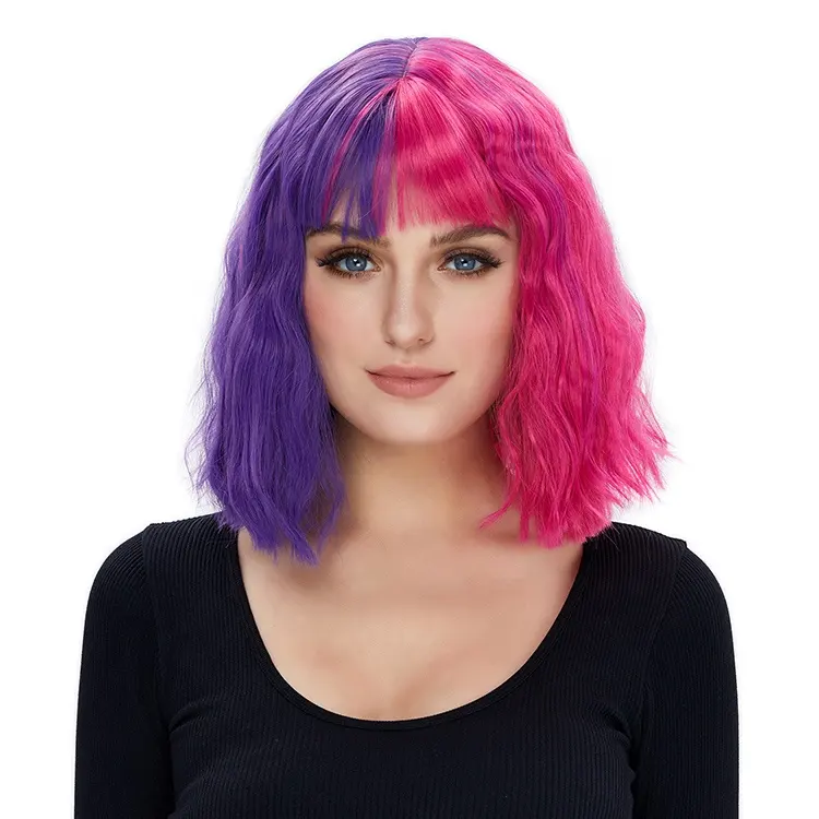 Cosplay Party Wig Half Purple And Half Pink Short Wavy Bob Synthetic Wigs For Halloween Women Cosplay Wigs
