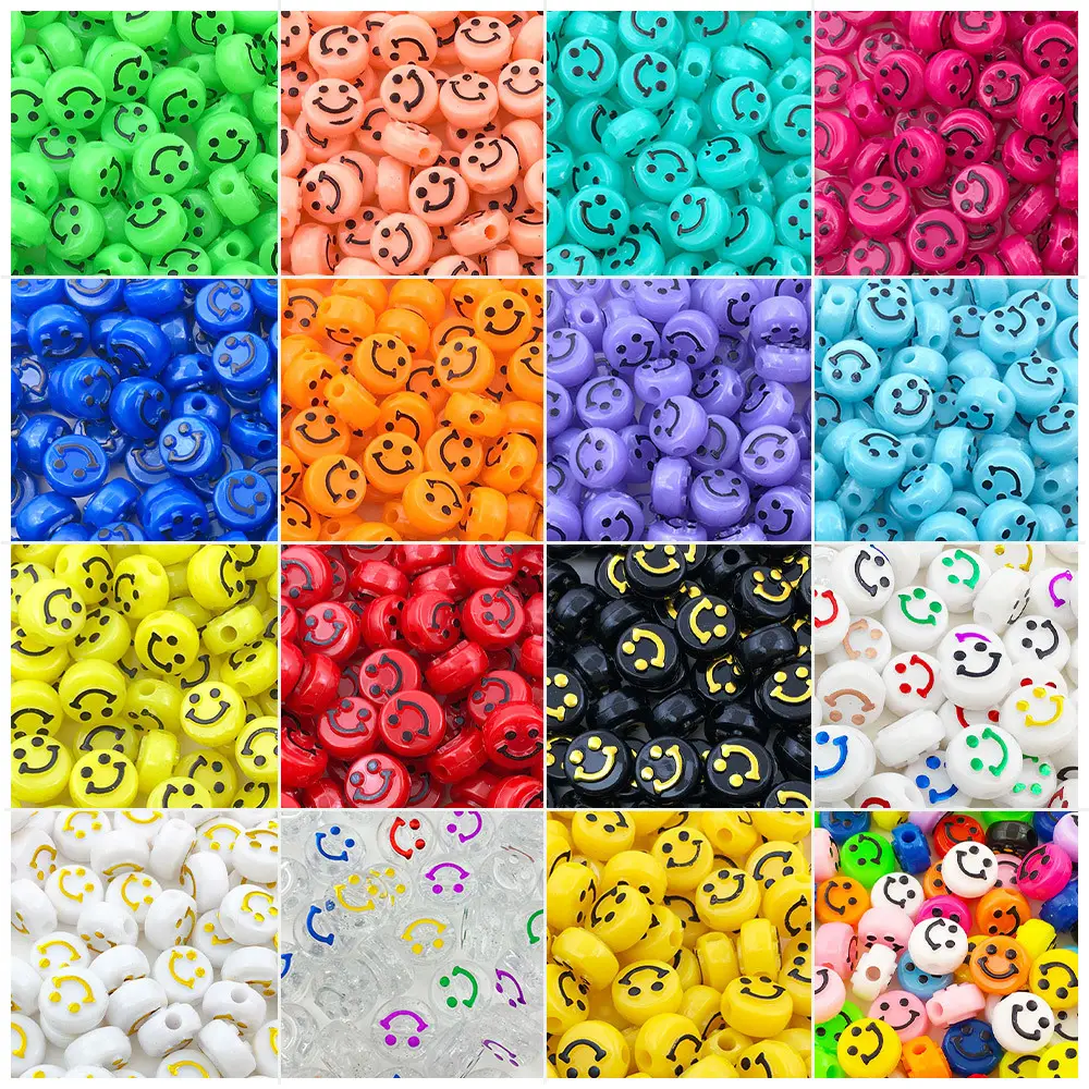 SOJI 50pcs10mmマルチカラーハッピーフェイスラウンドルーズスペーサーアクリルビーズEモジビーズスマイリーフェイスかわいいビーズジュエリー作り用