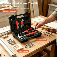 Kit d'outils à main rouge durable de 24 pièces pour la maison, avec mallette de transport rigide, idéal pour le bricolage, la réparation et l'assemblage de meubles