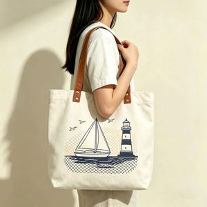Bolsa de Lona Personalizada con Estampado de Faro, Velero, Gaviota y Red de Pesca, Asa de Cuero con Remaches, Bolsas de Compras Náuticas para Mujer - Product Image 2