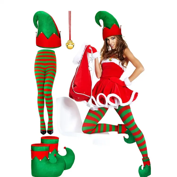 Natal Elf Chapéu Elf Sapatos Natal Listrado Leggings Bell Natal Traje Acessórios Set