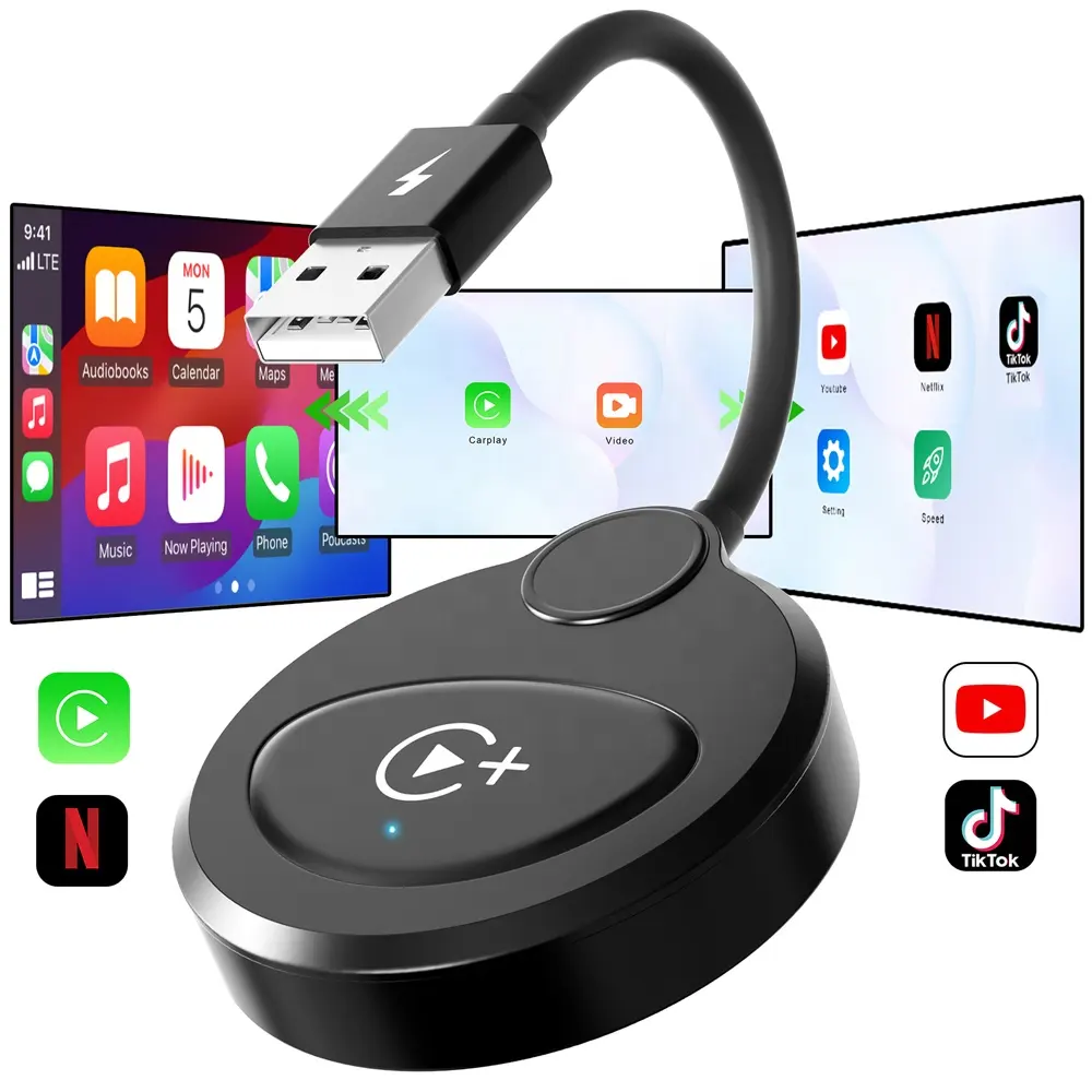 Adaptador inalámbrico Carplay integrado en Youtube Netflix TikTok Apple CarPlay Dongle inalámbrico con cable a adaptador inalámbrico de reproducción de vídeo para coche