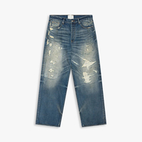 Jean baggy pour homme en denim, déchiré, avec patchs et tâches, bleu vintage, coupe large, style streetwear, personnalisé