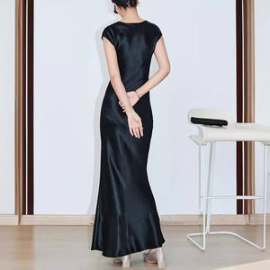 Robe <span class=keywords><strong>de</strong></span> soirée mi-longue en satin d'acétate importé OEM, coupe oblique à 45 degrés, col mandarin, taille empire vintage, ODM - Product Image 4