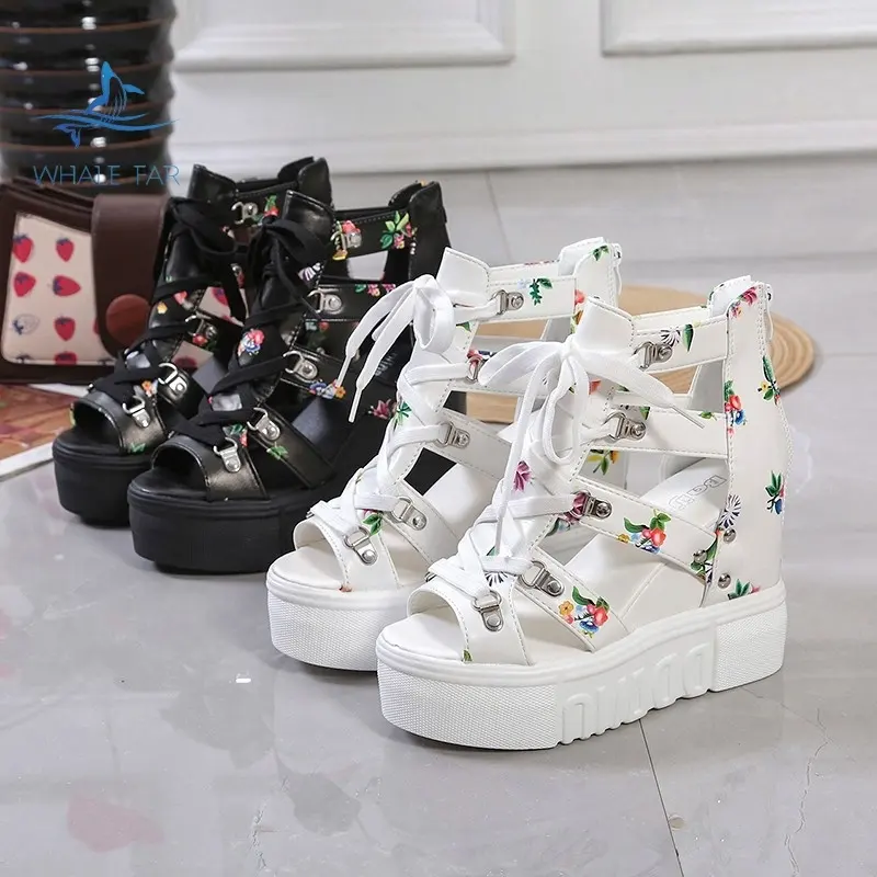 Jingyuan Zomer Bloemen Holle Platform Onzichtbare Hoogte Verhogen Peep-Toe Wig Sandalen