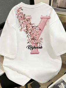 T-shirt Oversize Unisex in Cotone Pesante 300gsm con Stampa Floreale Sakura e Lettera <span class=keywords><strong>Y</strong></span> Grande Personalizzata, Traspirante, per Coppia - Product Image 1