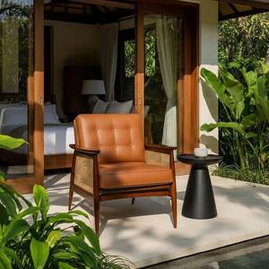 Solid Wood Rattan Accent Chair Tufted Upholstered <b>Single</b> Seat Leisure <b>Armchair</b> for Balcony Living Room Hotel - Product Image 2