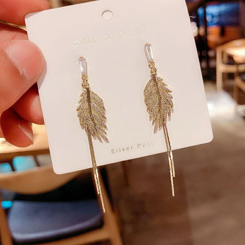 HUIBANG 2022 New Fashion S925 Sterling Silver Earrings Korean Style Leaves Diamond Tassel Earrings For Women''s Gift