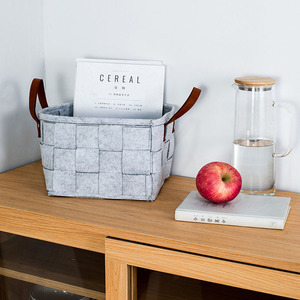 Cesta de almacenamiento tejida de fieltro plegable organizador de juguetes impermeable negro con mango de cuero - Product Image 3