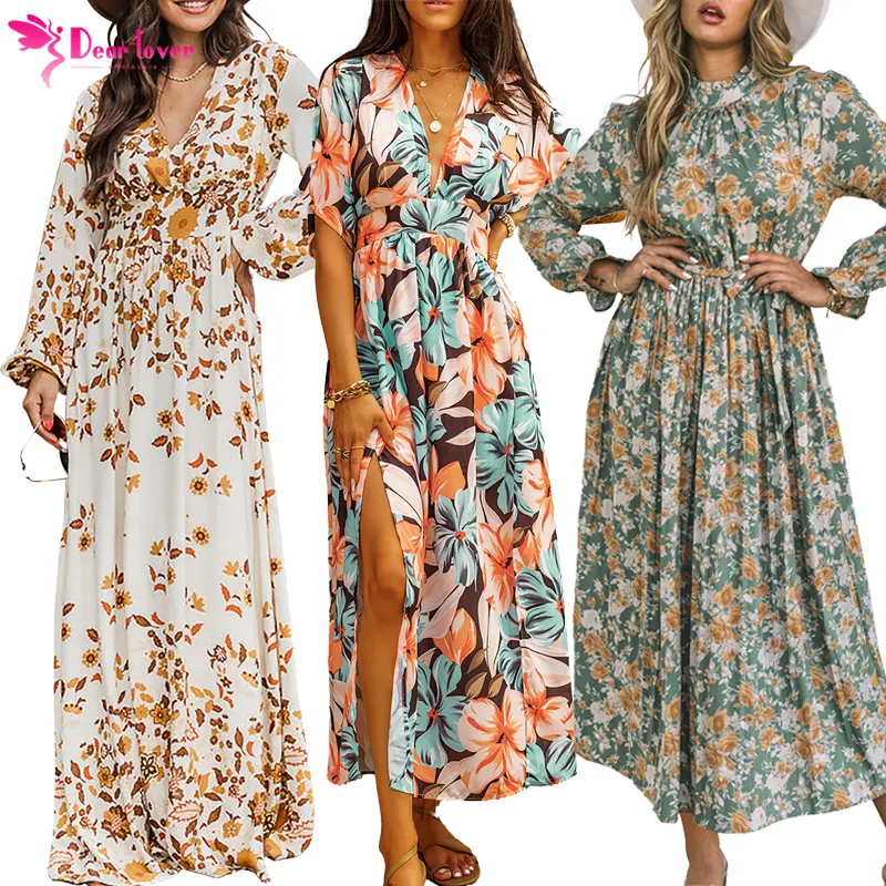 Dear-Lover Custom Private Label American Clothing Wholesale Women Printing Tiered Elegant Long Sleeve Ruffle Floral Maxi Dress