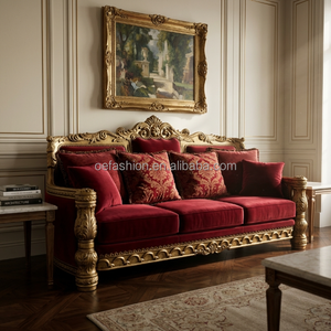 [OEM/ODM] Canapé de luxe baroque français sculpté à <span class=keywords><strong>la</strong></span> main en feuille d'or, bois massif, velours bleu roi pour hôtel, villa, hall d'entrée, projet FF&E - Product Image 2