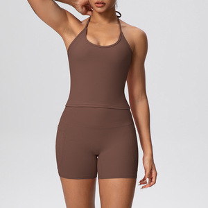 YIYI Lot de 2 ensembles de yoga pour femmes, effet push-up fessier, col en U, dos nu à nouer, taille haute, contrôle du ventre, avec soutien-gorge de sport et coussinets - Product Image 2