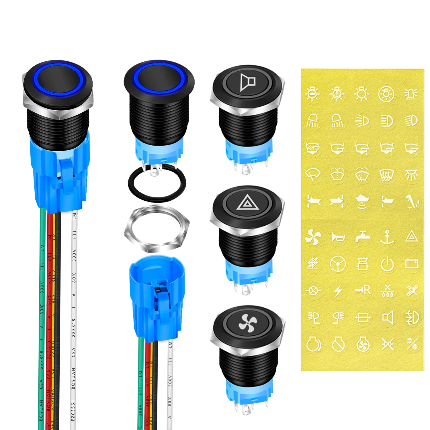 Waterproof IP65 Latching Push Button Switch 12V 19mm ON OFF Black Metal 12 Volt Blue Led Light Illuminated Pushbutton Switch