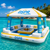 Île flottante gonflable pour parc aquatique avec bar, ponton et canapé à auvent pour club de plage, location pour fêtes, usage extérieur et loisirs