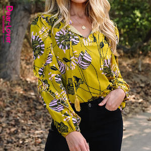 Dear-Lover Bán Buôn Boutique Thời Trang Phụ Nữ Sang Trọng Cổ Điển Boho Phong Cách Hoa V Cổ Ruffle Cắt Dài Tay Áo Áo - Product Image 3