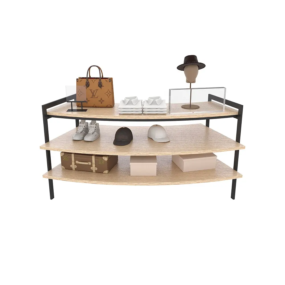 Produttore di accessori per negozi di abbigliamento legno compensato multistrato al dettaglio espositore da tavolo a 3 livelli