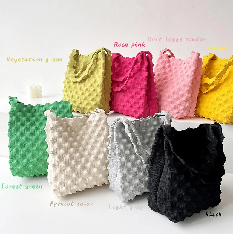 2023 Fashion Cute Crochet Solid Pleated Knit Handbag Candy Color Tote Bags For Women Shoulder Bag