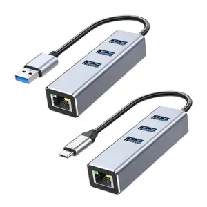 Aluminium Alloy Logam USB Tipe-C untuk Ethernet RJ45 3Port USB3.0 Kabel Jaringan LAN Adaptor Dukungan 1000mbps Gigabit Ethernet