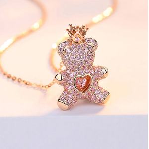 Collar de Plata de Ley 925 con Oso de Peluche y Corona, Joyería Linda con Dijes de Circonita, Regalo de Cumpleaños, Directo de Fábrica - Product Image 2
