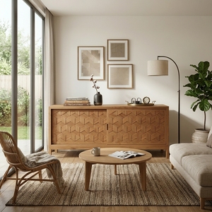 Console TV minimaliste moderne en bois massif avec portes coulissantes en parquet géométrique - Product Image 4