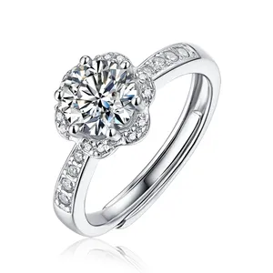 Wholesale Women Adjustable Flower Diamond Rings For Engagement Sterling Silver 925 D VVS 1ct Moissanite Ring