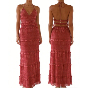 ชุดเซ็ต 2 ชิ้นสำหรับผู้หญิง คอแบบผูกเชือก - กระโปรงยาวระบายเป็นชั้นๆ และเสื้อครอปท็อปแต่งดีเทลวิบวับ แฟชั่น - Product Image 1