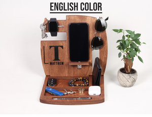 Station d'accueil classique en bois laqué écologique, support pour téléphone, portefeuille, montre, porte-clés, organisateur de chevet, boîte de rangement de bureau - Product Image 3