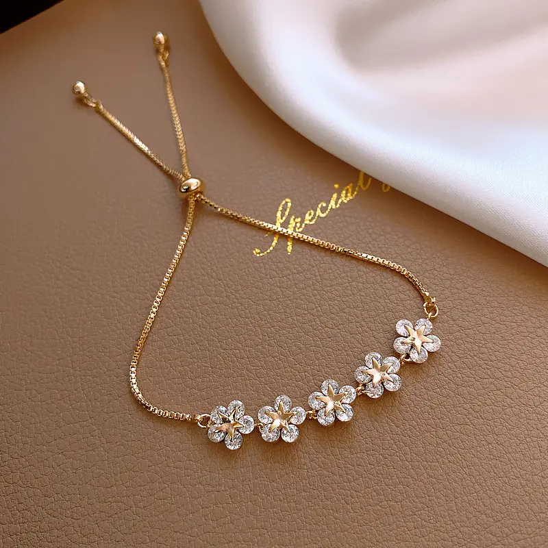 Fashion Adjustable Gold Five Small Flowers Five Pointed Star Zircon Pull Adjustable Bracelet