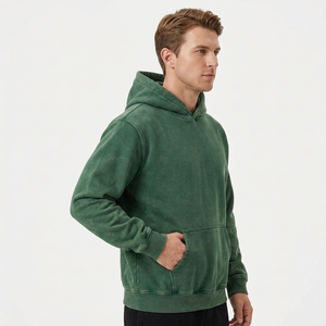 Custom <b>Green</b> Acid Wash Fleece Breathable Windproof Unisex Winter Hoodies Kangaroo Pockets Customized Polyester/Cotton Hoodie - Product Image 4