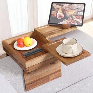 Wooden <b>Sofa</b> Armrest <b>Tray</b> Multifunctional Storage With Phone Holder And Remote Control Hook Type Rectangle Varnished Finish - Product Image 1