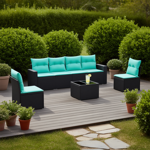 Ensemble de canapés de patio en polyrotin noir, 7 pièces, avec coussins, meubles d'extérieur, sièges de style contemporain pour 7 personnes - Product Image 2