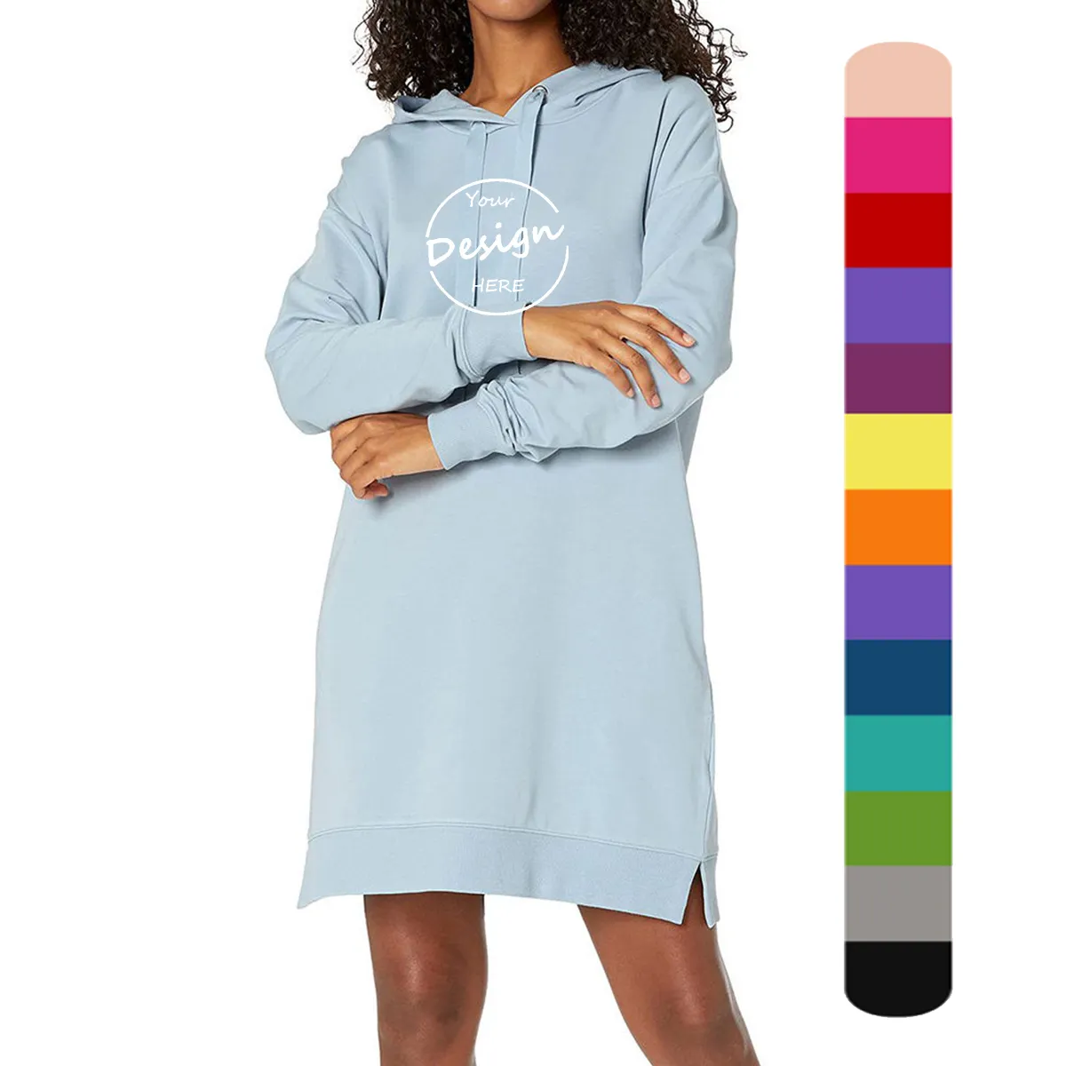 Factory Wholesale Custom Solid Color Long Sleeve Oversized Hoodie Dress Cotton Pullover Sweatshirt Dresses for Women