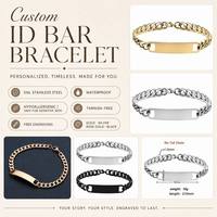 Bracelet d'identification en gros en acier inoxydable, chaîne gourmette à barre gravée, inaltérable, hypoallergénique, Or, Argent, Or rose, Noir