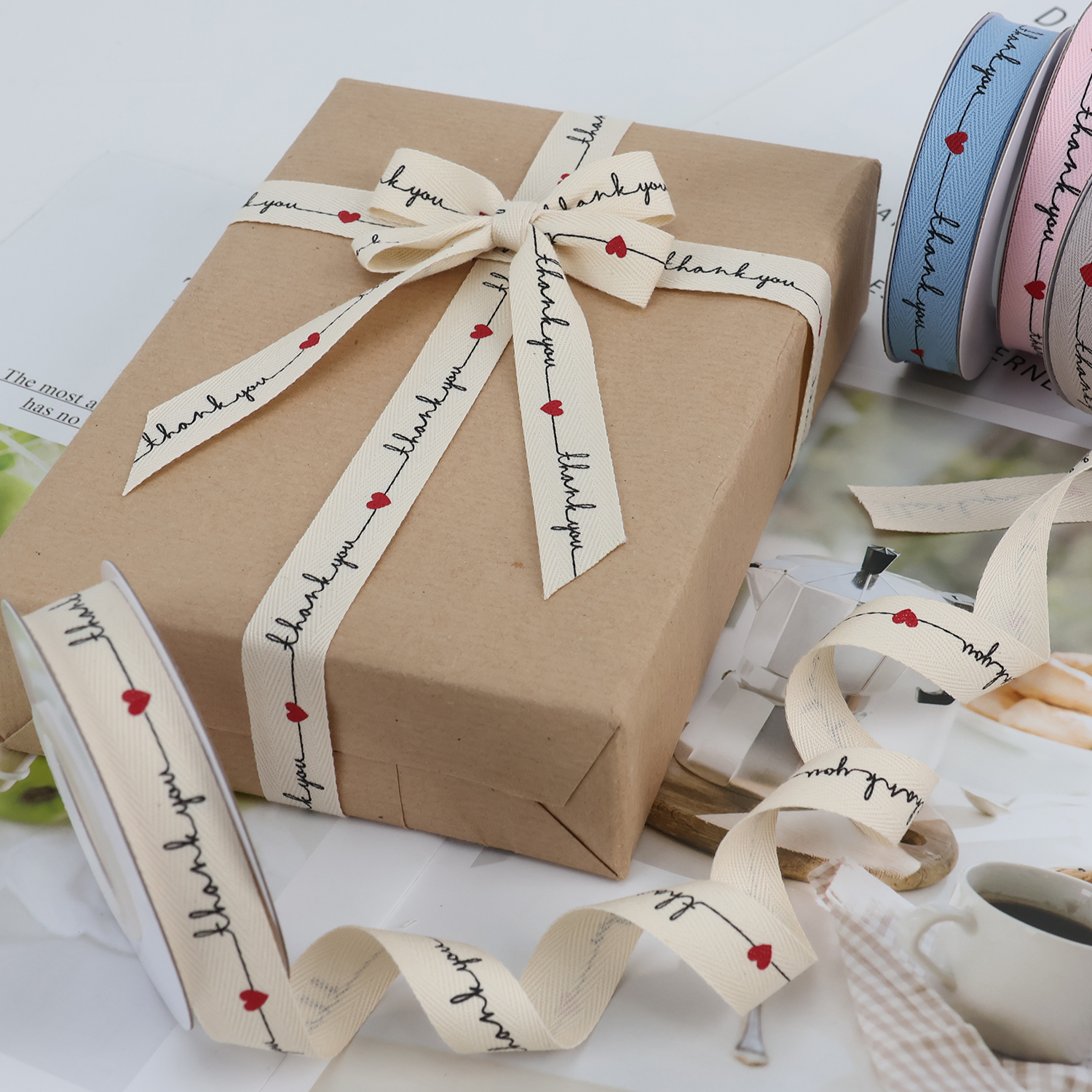 Customized Printed Cotton Personalized Herringbone Screen Ink Print Craft Ribbon With Logo for Flower Packaging