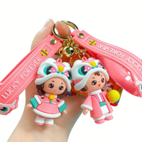 Porte-clés en silicone 3D personnalisé en forme de lion dansant, poupée traditionnelle chinoise, avec logo personnalisé disponible, vente en gros d'usine