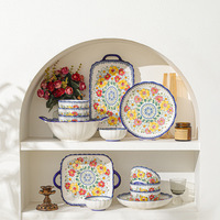 Nouvelle conception, vaisselle en céramique et porcelaine écologique personnalisable, style bohème, assiettes et bols avec motif floral pour un usage domestique
