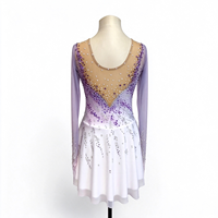 Robe de patinage et de danse pour enfants et adultes, dégradé violet et blanc, manches longues en maille, jupe à volants ornée de strass, pour compétition et spectacle de patinage sur glace
