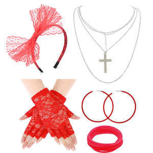 <strong>80s</strong> Fancy Dress Costume Cosplay Accessories Lace <strong>Headband</strong> Earrings Fishnet Gloves Necklace Bracelet for Halloween Retro Party - Product Image 3