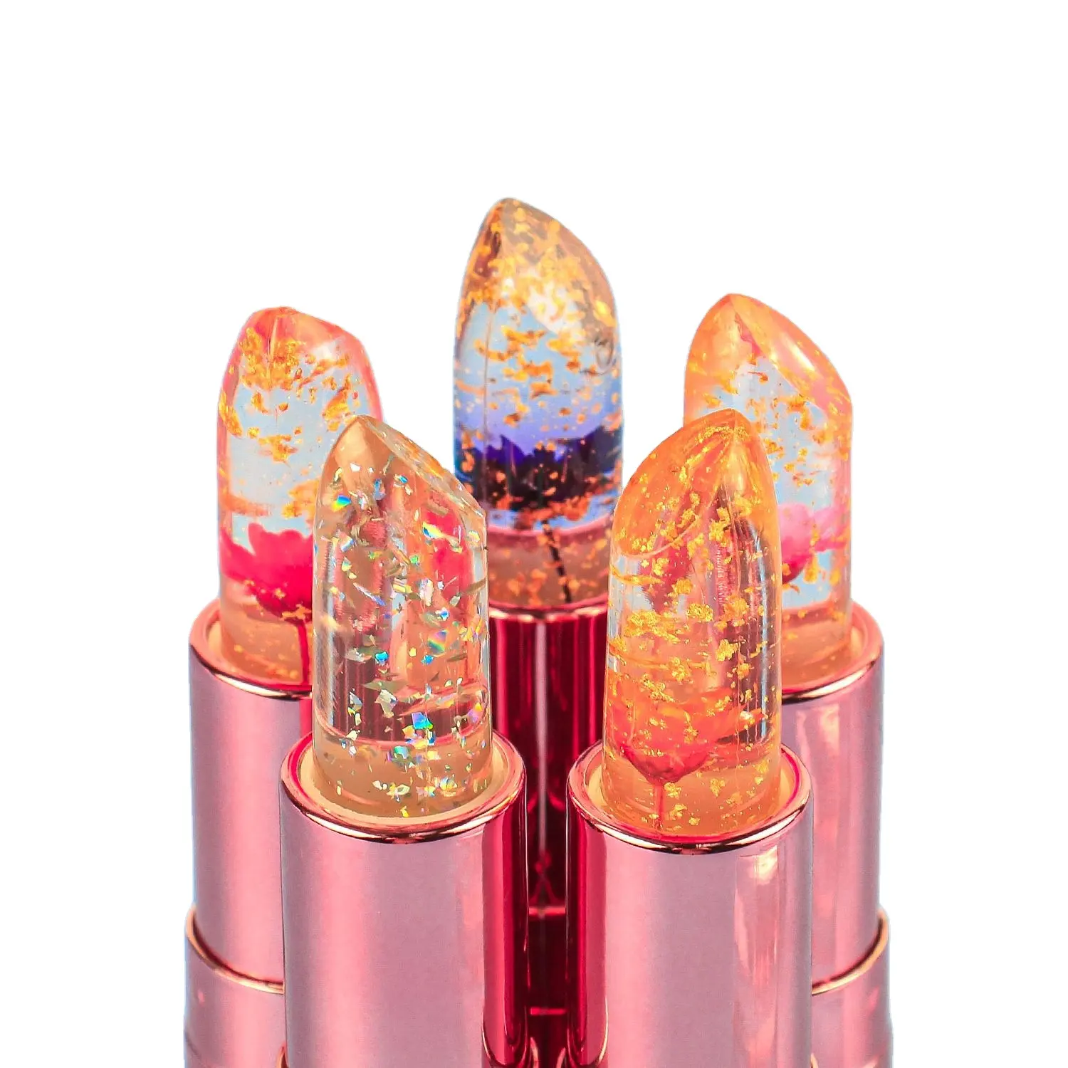 Lápiz labial que cambia de color en lámina de oro con flor transparente sin logotipo personalizado