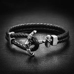 Punk Viking Style Men 316l Stainless Steel Anchor Clasp Hook Double Layers Braided Genuine Leather DIY Bracelet For Men