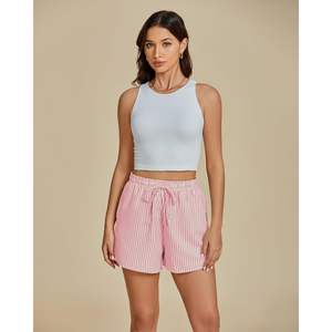 กางเกงขาสั้นลายทางเอวสูงสำหรับผู้หญิง2025กางเกงขาสั้นชายหาดเอวยางยืดลำลองมีเชือกผูกกระเป๋าขนาด XS ตกแต่งโลโก้ - Product Image 5